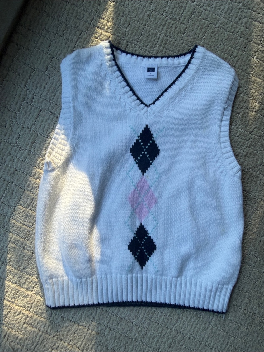 Janie and Jack boy White V-Neck Argyle Sweater Vest with Navy & Pink 4 T